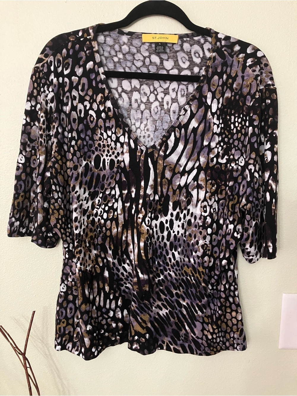 St. John abstract animal print black multi v-neck shirt blouse